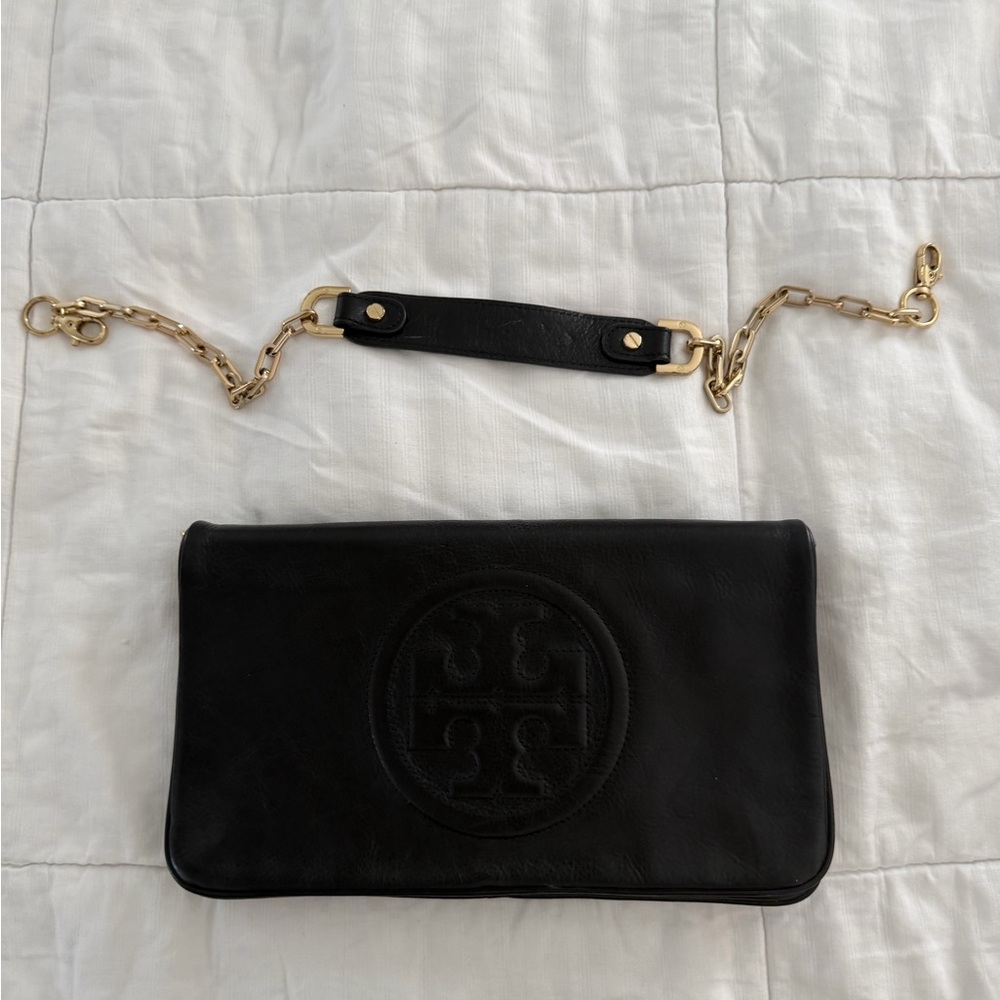 Tory Burch Black Clutch with Gold Chain